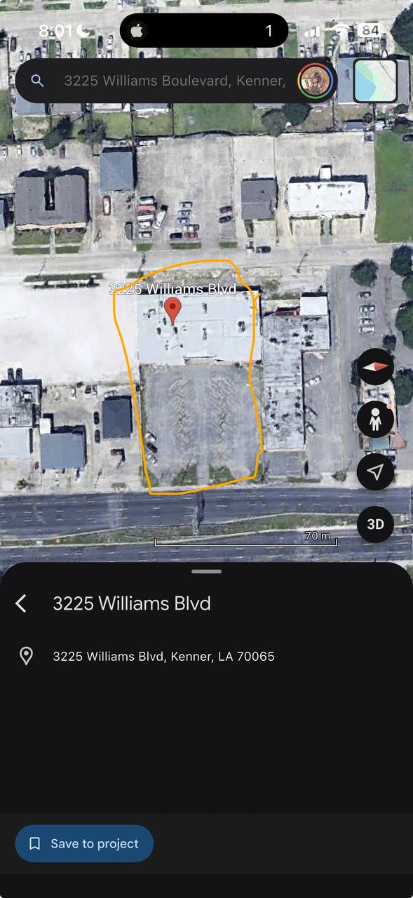Correct Google Earth / Apple Maps satellite view of 3225 Williams Blvd, Kenner (accurate location)